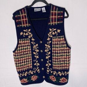 Vintage Russ Navy Tan Burgundy Green Plaid Ramie Cotton Knit Button Front Vest S